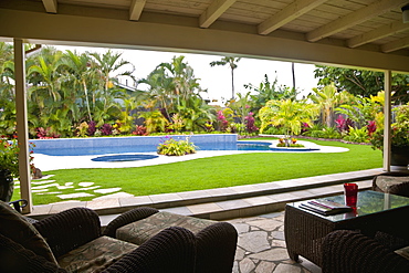 Patio overlooking swimming pool, Hawaii, United States of America