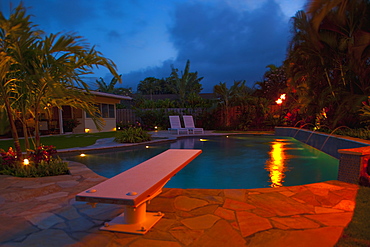 Tropical Backyard Pool at Night, Hawaii, United States of America