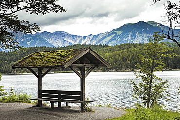 Lakeside Sitting Area and Mountains, Eibsee lake, Bavaria, Germany, Europe