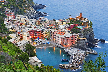 Elevated View of Vernazza at Dusk, Vernazza, Liguria, Italy