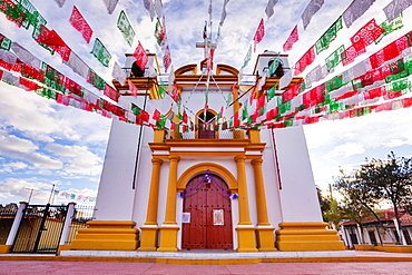 Red, white and green banners on church, Chiapas, Mexico, Chiapas, Mexico