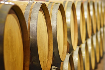 Close up of wine barrels in cellar, Napa, California, USA