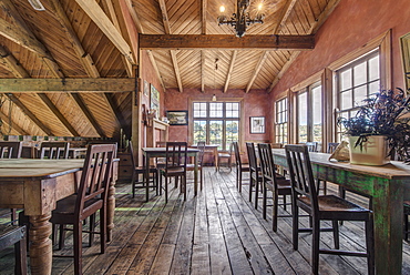 Empty chairs and tables in restaurant, Moreaki, Moreaki, New Zealand