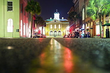 Illuminated buildings along city street at night, Charleston, South Carolina, United States, Charleston, South Carolina, USA