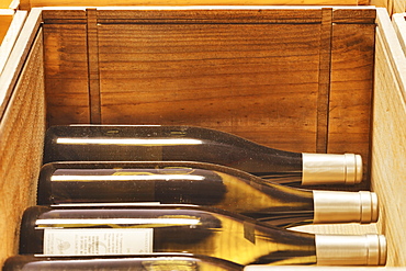 Close up of crates of wine bottles, Tacoma, Washington, USA