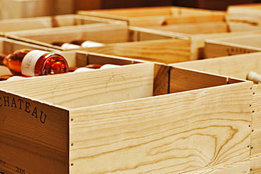 Close up of crates of wine bottles, Tacoma, Washington, USA