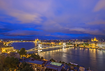 View of Chain Bridge illuminated at night, Budapest, Hungary