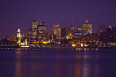 Montreal city skyline lit up at night, Quebec, Canada