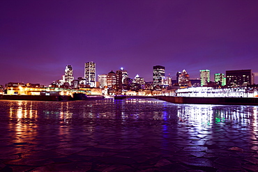 Montreal city skyline lit up at night, Quebec, Canada