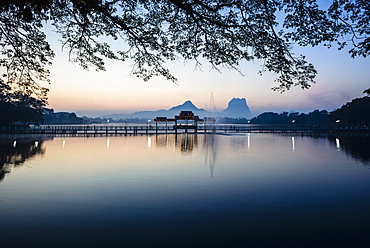 Sunrise over mountains and lake, Hp-Aan, Kayin, Myanmar