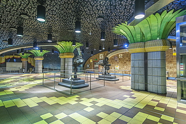 Ornate pillars and movie reels on ceiling in subway station, Los Angeles, California, United States