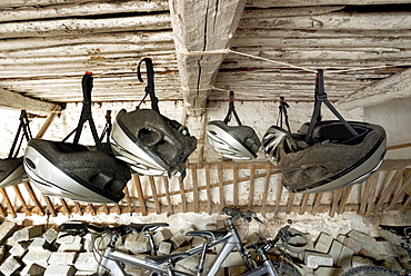 Bicycle helmets hanging from wooden ceiling