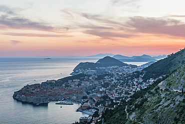 Aerial view of coastal city on hillside, Dubrovnik, Dubrovnik-Neretva, Croatia