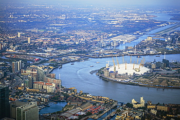 Aerial view of London cityscape and river, England