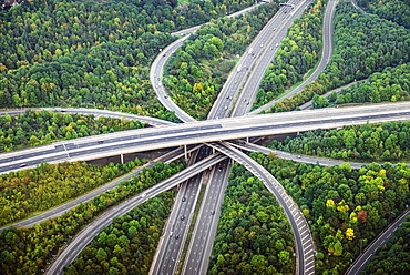 Aerial view of intersecting highways near trees, London, England