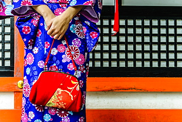 Close up of woman in kimono holding purse, Kyoto, Japan