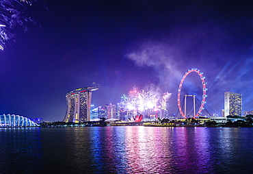 Fireworks over Singapore city skyline, Singapore, Singapore, Republic of Singapore