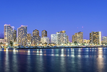 Honolulu city skyline reflection in ocean, Hawaii, United States, Honolulu, Hawaii, USA