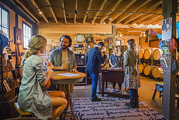 Caucasian people drinking wine in winery, Langly, Washington, USA