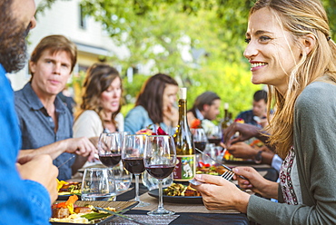 Friends enjoying wine at party outdoors, Langly, Washington, USA