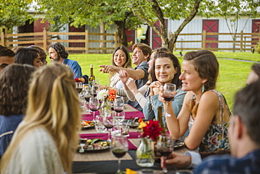 Friends enjoying wine at party outdoors, Langly, Washington, USA