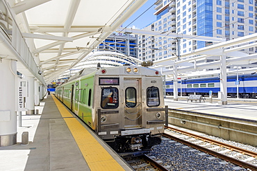 Train waiting at train station, Denver, Colorado, USA