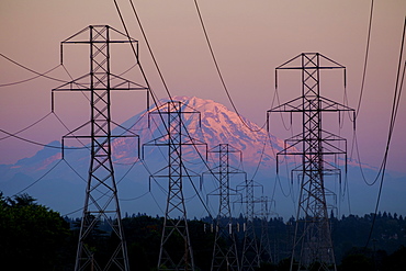 Electricity pylons near mountain landscape, Seattle, Washington, USA