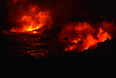 Smoke from molten lava at night, Big Island, Hawaii, USA