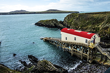 View of the old boat house, St Davids Lifeboat Station in St. Justinian, Pembrokeshire, Wales, UK, Pembrokeshire National Park, Wales