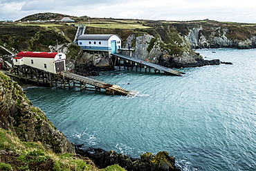 View of the new and old boat houses, St Davids Lifeboat Station in St. Justinian, Pembrokeshire, Wales, Pembrokeshire National Park, Wales