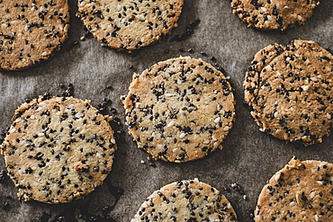 High angle close up of seeded cracker dough on a baking tray, England