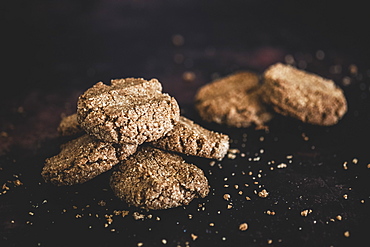 High angle close up of freshly baked chocolate cookies, England