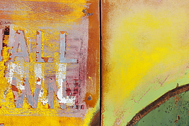 Peeling lettering and paint on side of old, abandoned truck, Whitman County, Washington, USA