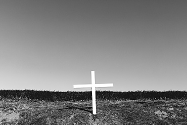 A cross on a hillside, a grave site in open country, Palouse, Washington, USA