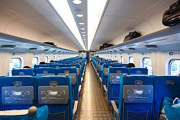 Interior of a carriage on a Shinkansen Bullet Train travelling from Tokyo to Hiroshima, Japan