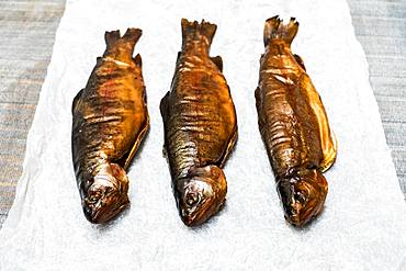 High angle close up of three freshly smoked whole trout on a white paper