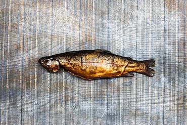 High angle close up of one freshly smoked whole trout on wooden table