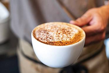 High angle close op of person holding cup of cappuccino