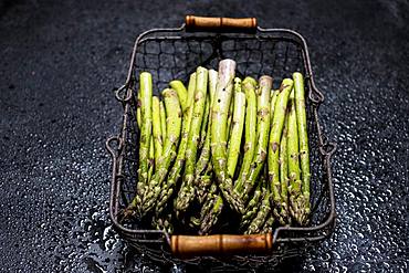 High angle close up of freshly picked green asparagus in metal basket