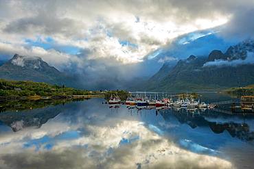 Boats moored near the village of Reine, Lofoten Islands