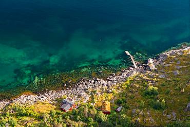 Aerial view over colourful sea & house, Henningsvaer, Austvagoy, Nordland, Lofoten Islands, Norway