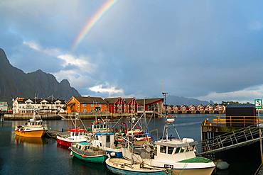 Boats in harbour and rainbow at Svolvaer, Nordland, Austvagoy, Lofoten Islands, Norway