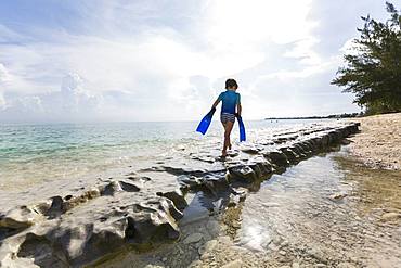 5 year old boy walking on rocks on the shore with swimming fins, Grand Cayman, Cayman Islands