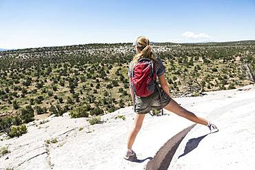 Rear view of a teenage girl hiker overlooking a desert vista