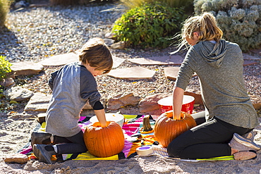 A teenage girl and her brother carving pumpkins at Halloween