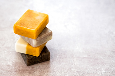 High angle close up of three bars of homemade bars of soap