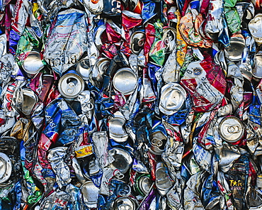 Mass of aluminium cans being processed at a recycling plant, Recycling facility, California, USA