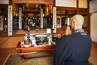 Buddhist priest kneeling in Buddhist temple, praying, Kyushu, Japan