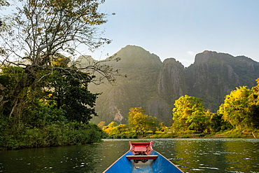 Nam Song River, a boat on the water at Vang Vieng, Laos, Laos