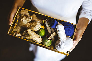 High angle view of person holding tray with fresh ginger and limes and herbal compresses, Vietnam